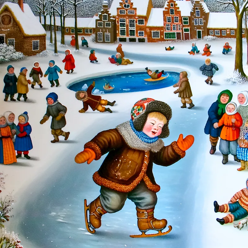 Peuter in dikke winterkleding die voor het eerst leert lopen op ijzig plein, met uitgestrekte armen voor balans, in een levendige winterse dorpsscène in de stijl van Hendrick Avercamp