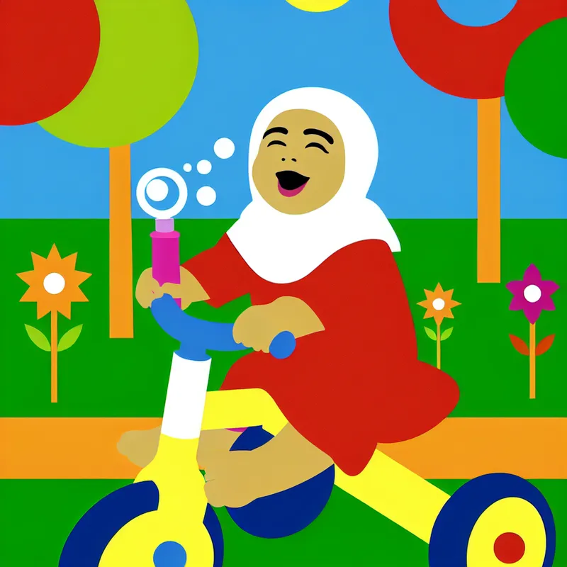 Een peuter zit trots op een kleurrijk fietsje met een bellenblazer, omringd door een zonnig park.