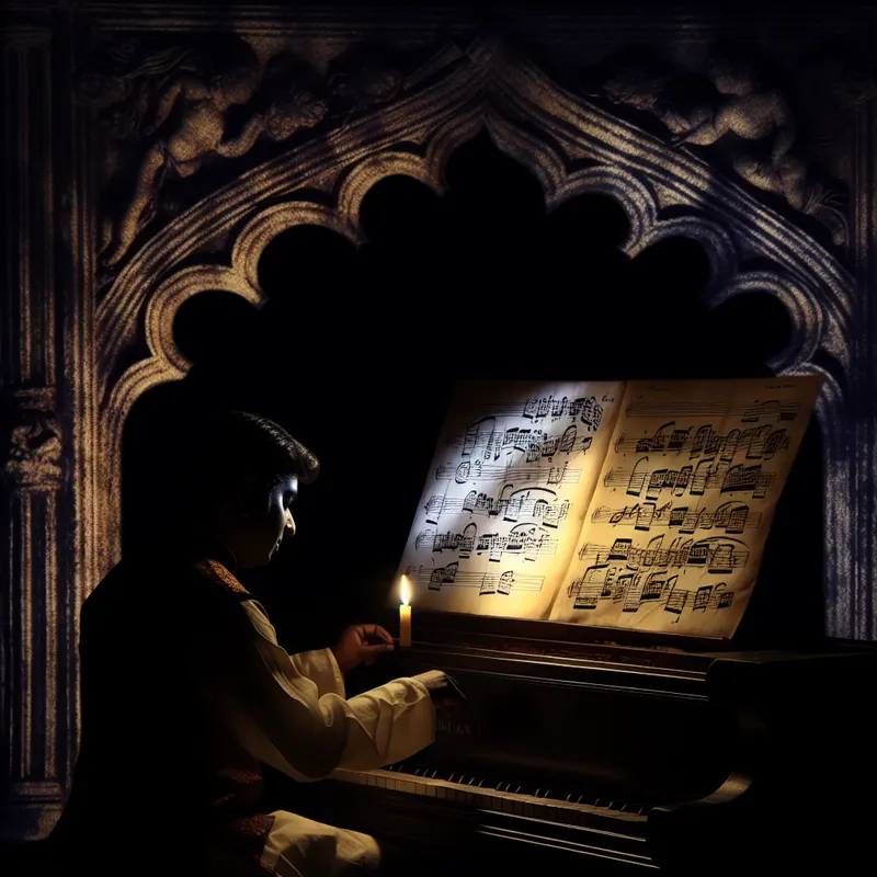 Gothische pianist leest geconcentreerd bladmuziek bij kaarslicht in een donkere, symbolische setting geïnspireerd op Félicien Rops