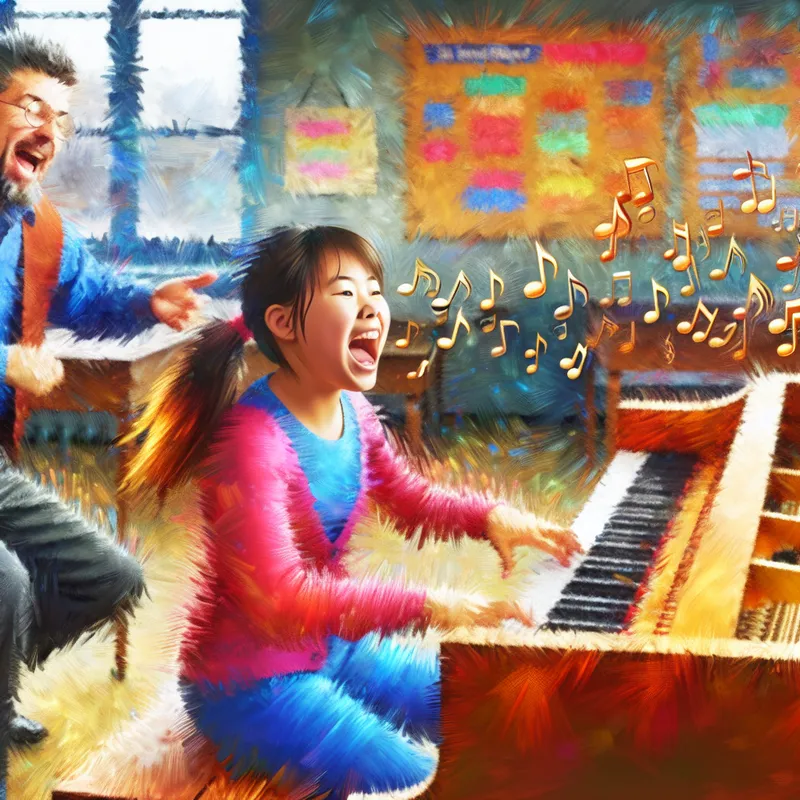 Een jonge meid die geconcentreerd piano leert spelen, omgeven door dansende noten en een enthousiaste leraar in een kleurrijke klas.