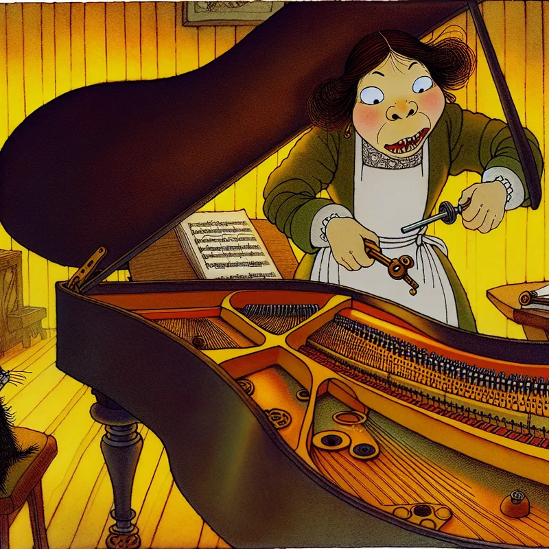 Cartoonmuzikant stemt een grote piano met een stemmingsleutel in een gezellige muziekkamer, met kat en bladmuziek