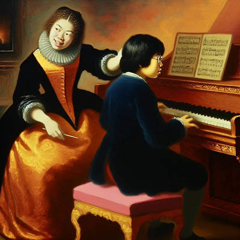 Vrouwelijke pianolerares geeft les aan jonge leerling op een grote piano met bladmuziek, geschilderd in levendige stijl van Frans Hals