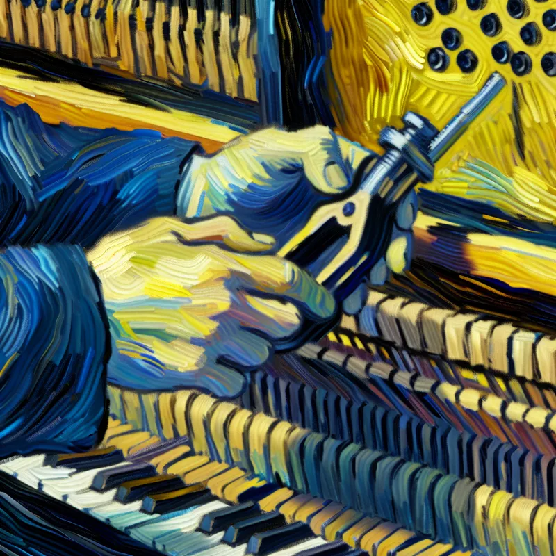 Close-up van een pianostemmer die met een stemhamer de spanning van een pianosnaar bijstelt in Van Gogh-stijl