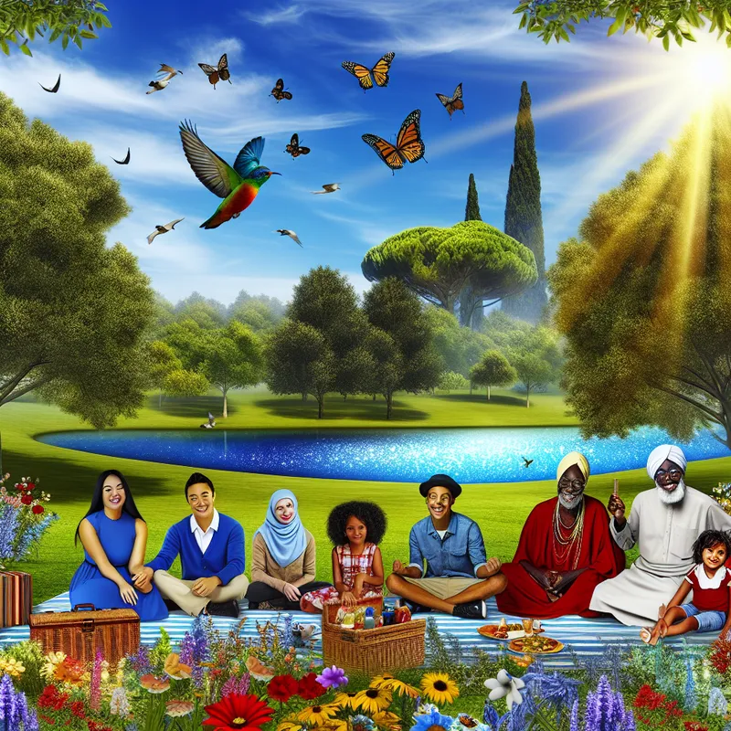 Groep diverse mensen genietend van een picknick in een zonnig park met bloemen en een meer op de achtergrond