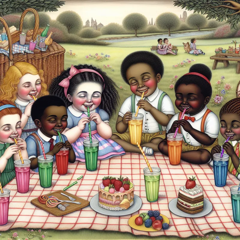 Kinderen genieten van een buitenpicknick met kleurrijke sappen en vrolijke rietjes.