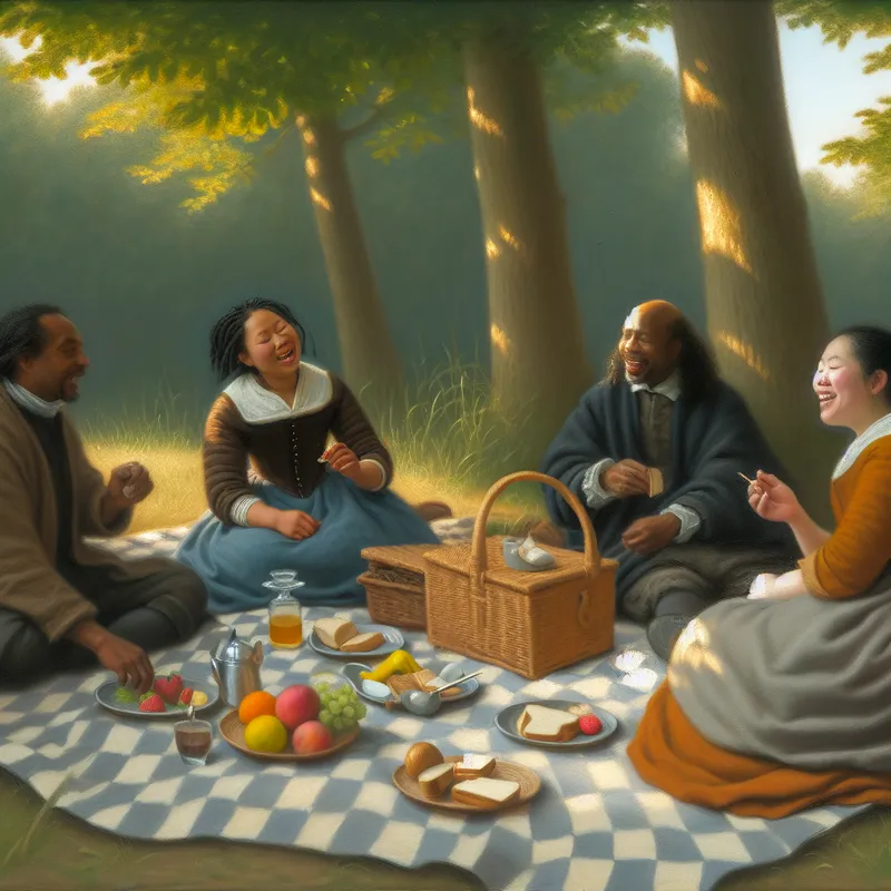 Diverse vrienden genieten van een picknick op een zonnige dag, omringd door natuur.