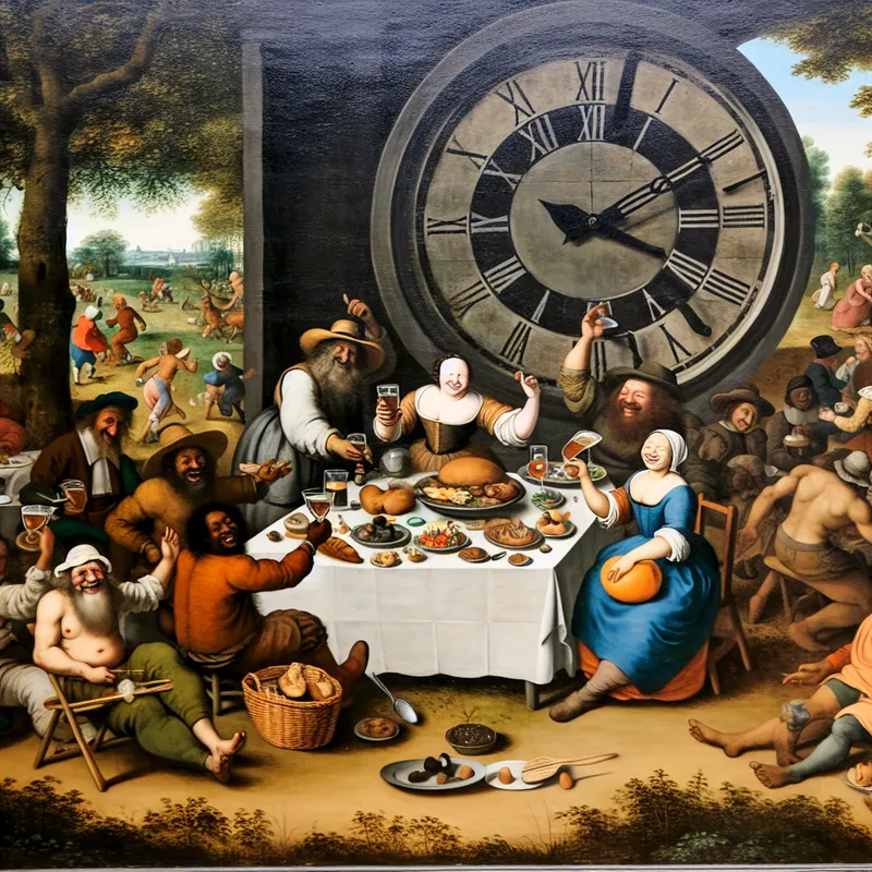 Een levendig en humoristisch tafereel met een groep vrolijke mensen die een picknick houden in een park, met eten en drinken om hen heen en een grote klok op de achtergrond vlak voor de lunch.