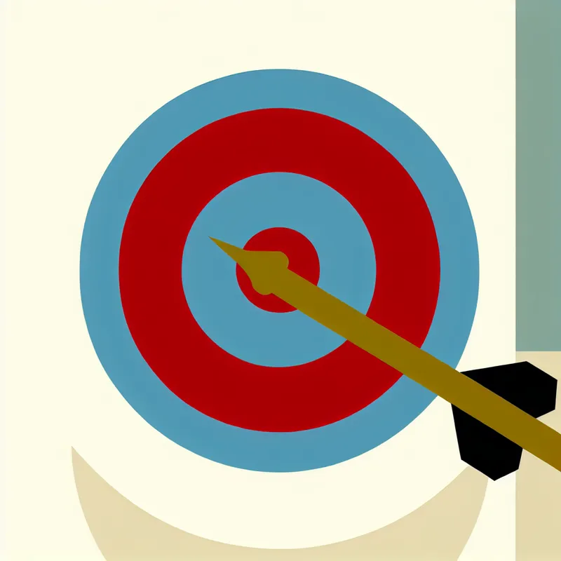 Minimalistische illustratie van een pijl die precies het rode midden van een schietschijf treft, in de stijl van Dick Bruna