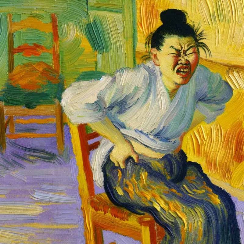 Persoon met pijn in het kruis, zittend op een houten stoel in Van Gogh-stijl met warme kleuren en expressieve penseelstreken