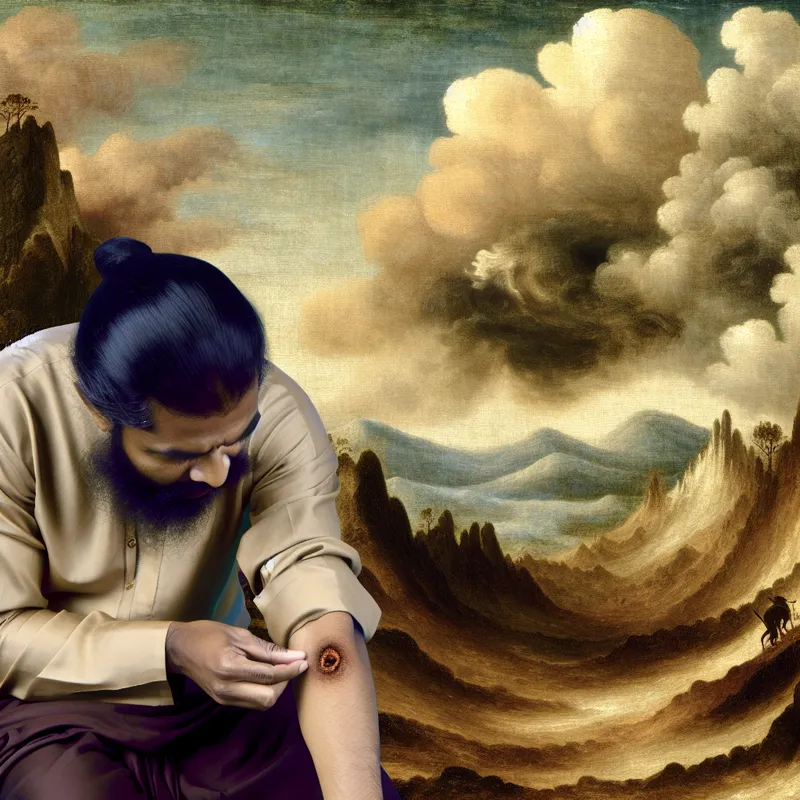 Close-up van iemand die een pijnlijk plek op de elleboog aanraakt met een dramatische lucht op de achtergrond