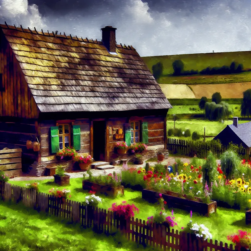 Een oud en pittoresk huisje omringd door groene velden en bloeiende bloemen in de Ardennen op een zonnige dag.