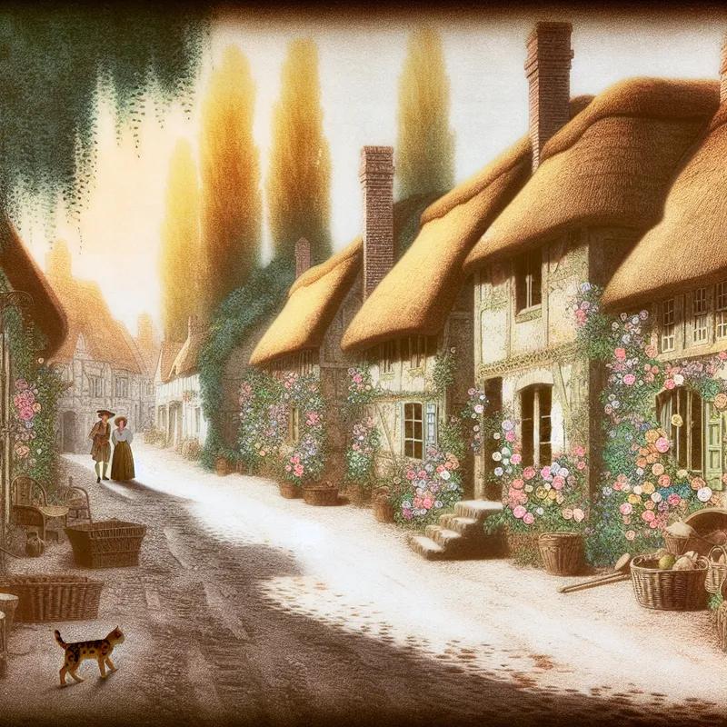 Een stille straat in een pittoresk dorp met traditionele huizen, een kat in de zon en wandelaars.