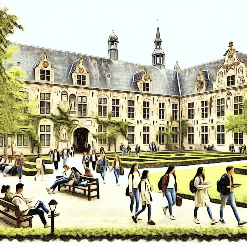 Een pittoreske universitaire campus met mooie architectuur en studenten die onderweg zijn.