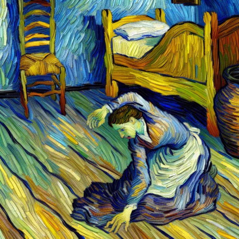 Vrouw die plaatsneemt op een houten vloer in een rustieke kamer, geschilderd in Van Gogh-stijl met expressieve penseelstreken