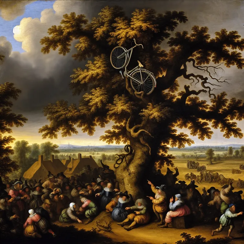 17e-eeuws Nederlands landschap met een fiets in een eikenboom, dorpelingen kijken verbaasd en lachend toe als onderdeel van een plagerij