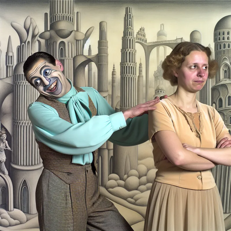 Twee vrienden in een surrealistische stedelijke setting, waarbij de een de ander plagerig 'liefje' noemt en op de schouder tikt, terwijl de ander lachend met de ogen rolt