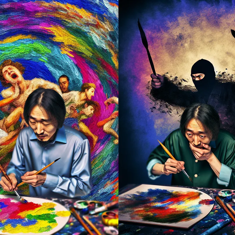 Een illustratie die plagiaat toont met een kunstenaar die een origineel kunstwerk maakt en een schimmige figuur die het nabootst.