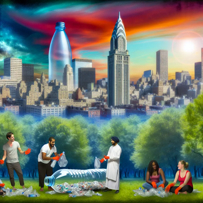 Een hyper-realistisch beeld van een grote plastic fles in een stedelijk landschap, met mensen die actief plastisch afval opruimen in een park.