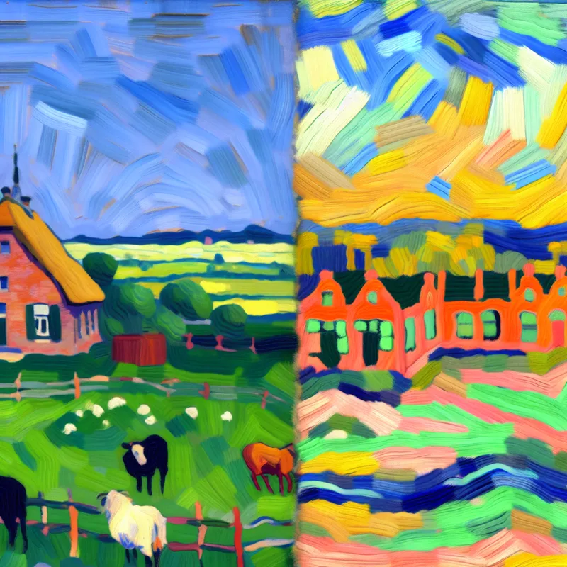 Abstract schilderij van Karel Appel-stijl met contrast tussen rustig platteland en drukke stad, dynamische kleuren en expressieve penseelstreken