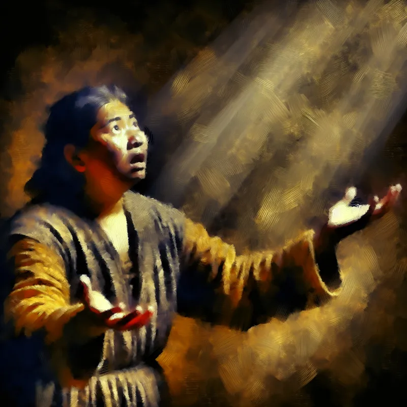 Emotionele persoon met uitgestrekte armen in gebedshouding, plechtig aanspreken in dramatische schilderstijl