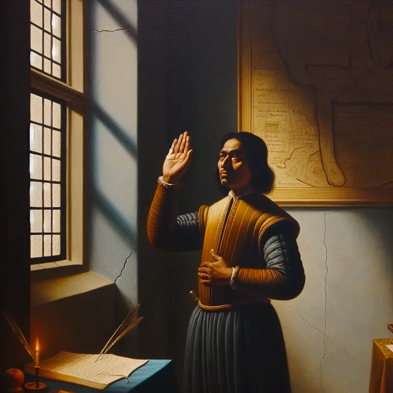 Persoon zweert met opgeheven hand een plechtige eed in een Vermeer-achtige setting met zacht licht en rijke texturen