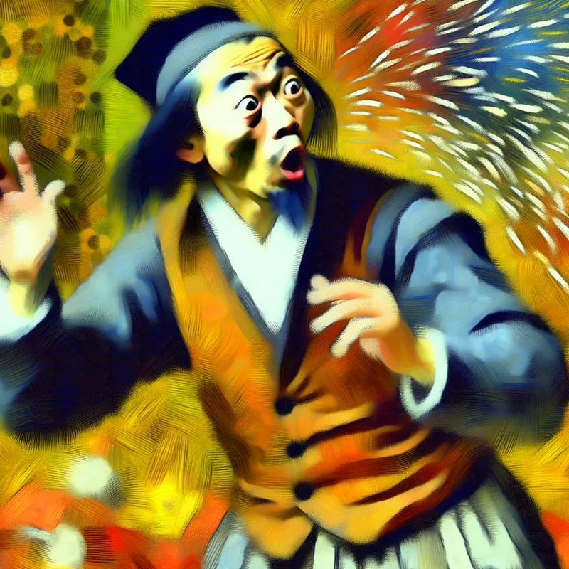 Schilderij in de stijl van Frans Hals van een persoon die plotseling iets begrijpt tijdens een gesprek, met een verraste uitdrukking en levendige lichaamstaal