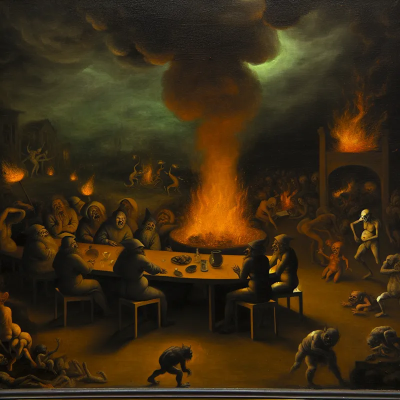 Surrealistisch tafereel van een plotseling uitbrekend conflict in een vergaderruimte, met figuren die transformeren in groteske wezens en demonische chaos