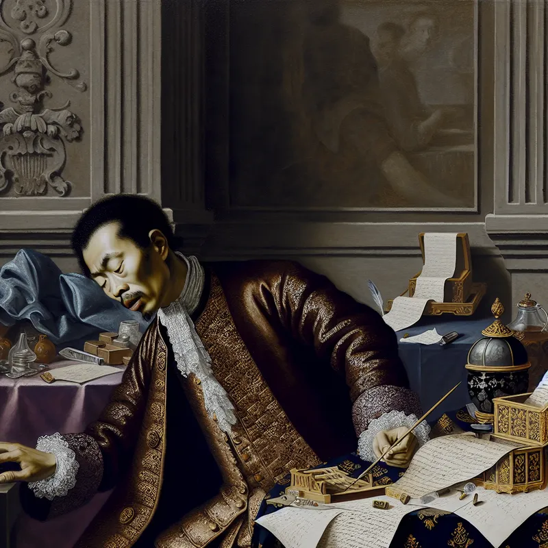 17e-eeuwse man in elegante kleding die door uitputting ineenzakt achter zijn bureau, symboliserend voor plotseling falen door stress