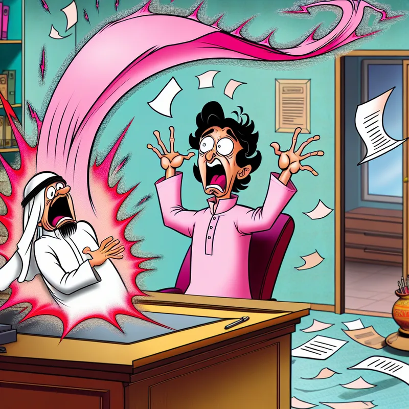 Cartoonman in kantoor met geschokte uitdrukking terwijl een reusachtige roze ontslagbrief als een stormwolk voor hem verschijnt