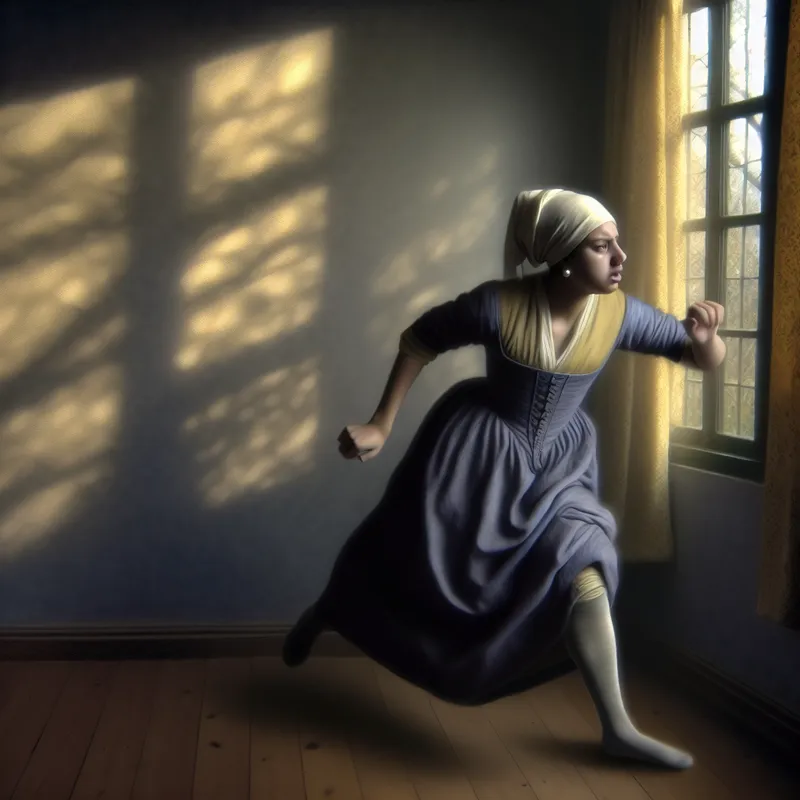 Jonge vrouw grijpt naar haar been in plotselinge hevige pijn, Vermeer-stijl schilderij met zacht licht en rijke details