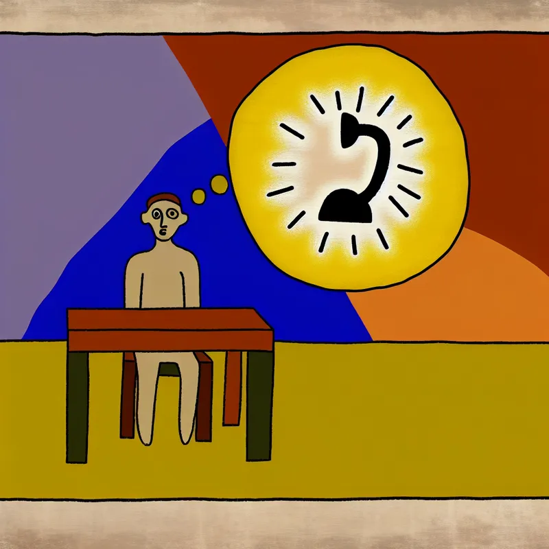 Minimalistische illustratie van een persoon met een verraste blik die plotseling aan een telefoon denkt, in de stijl van Dick Bruna