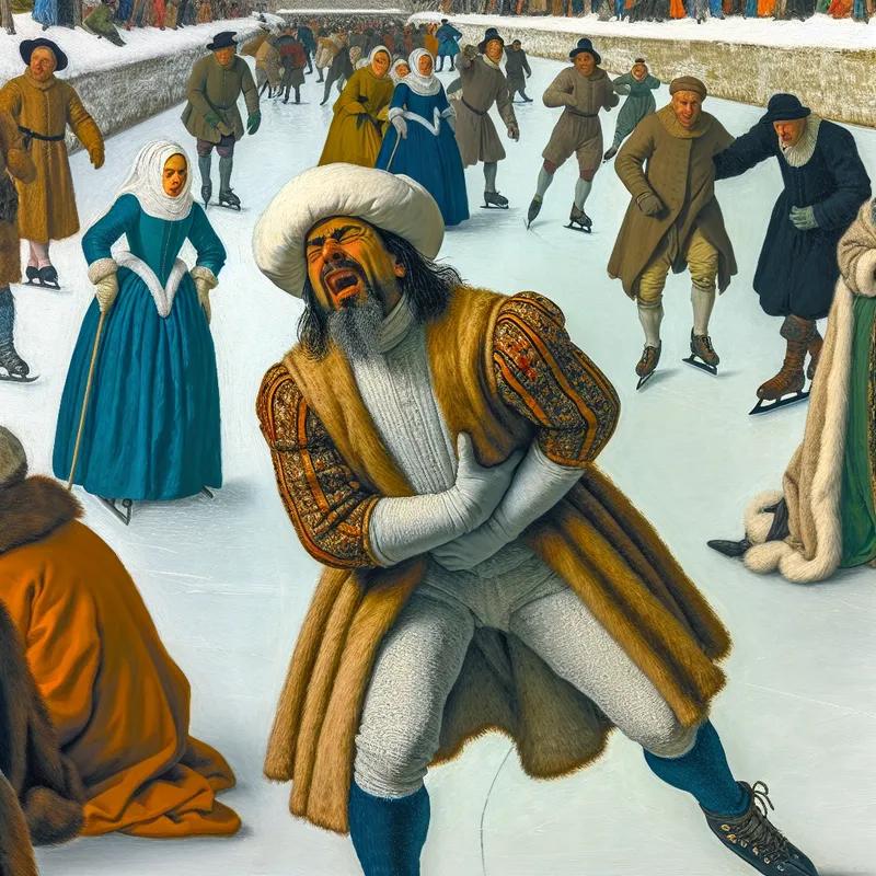 17e-eeuwse wintertafereel met schaatsers op een bevroren kanaal, waarbij een persoon plotseling hevige rugpijn ervaart, geïllustreerd in de stijl van Hendrick Avercamp