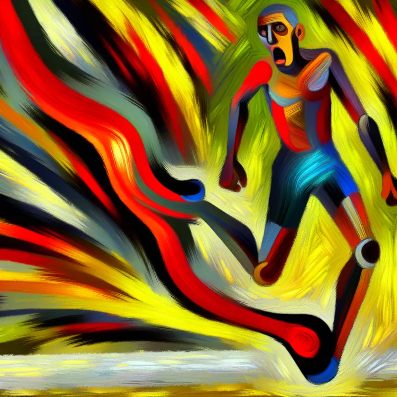 Abstracte voorstelling van een hardloper met plotselinge, hevige pijn in het been, geschilderd in expressieve stijl met felle kleuren