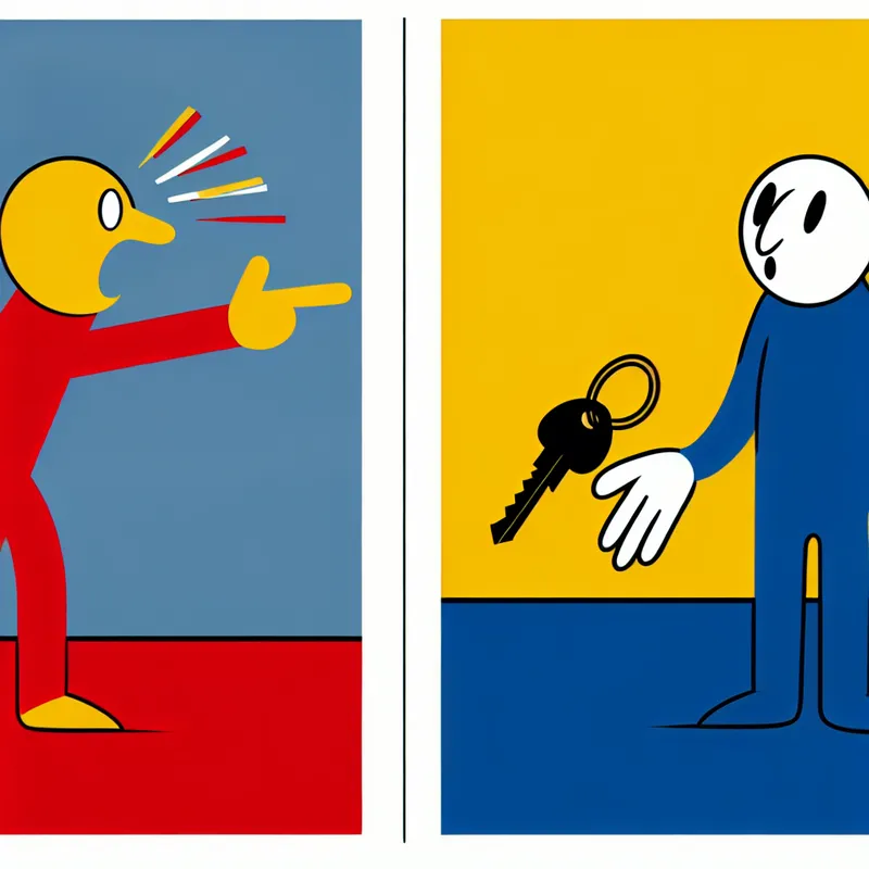 Twee minimalistische figuren in stijl van Dick Bruna: een verrast persoon wijst naar een ander die verward sleutels vasthoudt