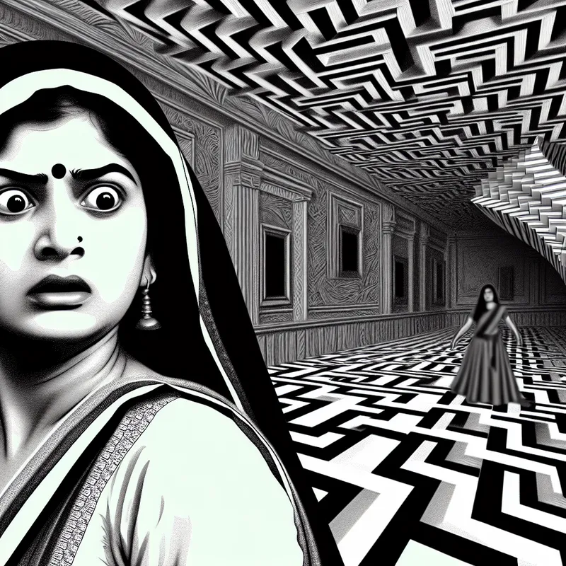 Surrealistische voorstelling van een plotselinge schrikreactie in de stijl van M.C. Escher, met een persoon in een onmogelijke gang met optische illusies en een dreigende schaduwfiguur