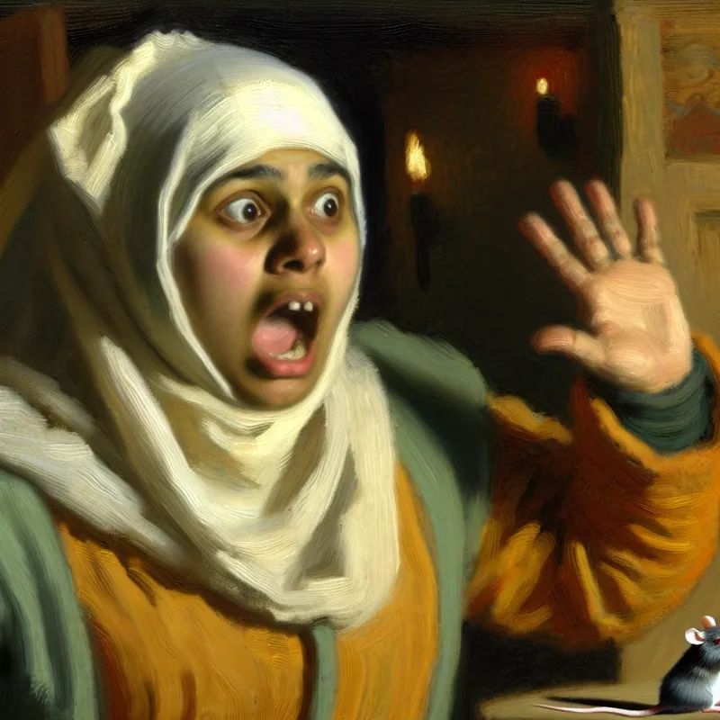 Schilderij in de stijl van Frans Hals van een persoon die plotseling schrikt van een snel bewegende muis in huis