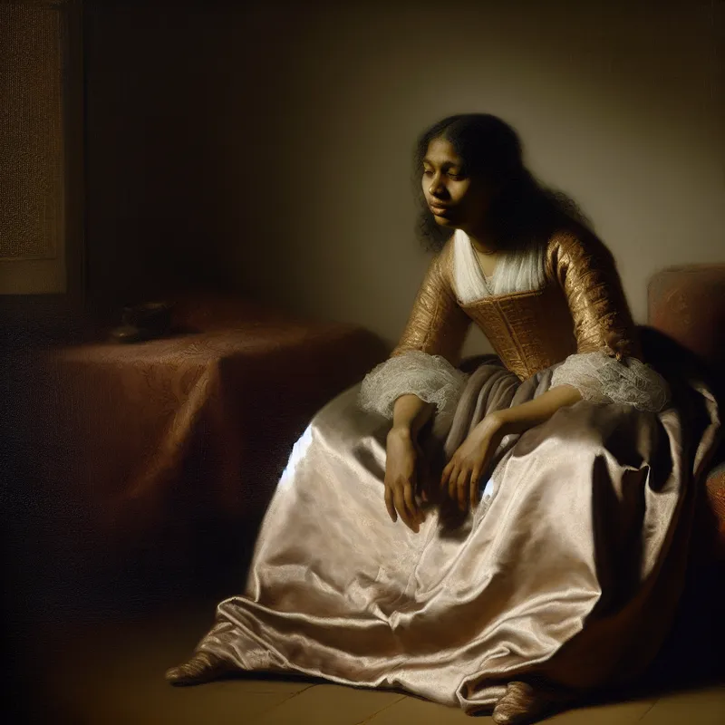 Elegante vrouw in historische kleding, overmand door plotselinge vermoeidheid in een sfeervol verlichte kamer