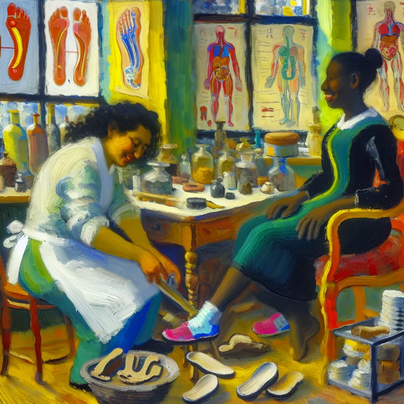 Podiatrist creëert een medische inlegzool voor een gelukkige vrouw in een heldere kliniek