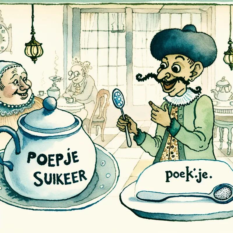 Cartoonachtige scène van een gezellig Nederlands café waar een vrolijk personage een piepklein hoopje suiker genaamd 'poepje suiker' aanbiedt aan een kopje koffie, ter illustratie van het informele woord 'beetje'