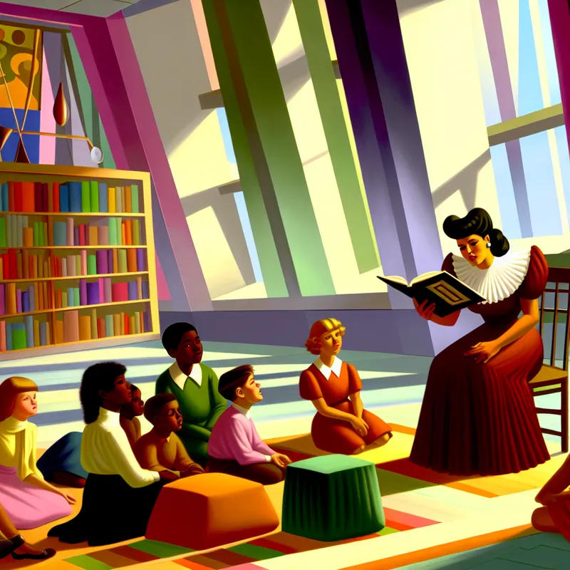 Een lerares leest poëzie voor aan een groep kinderen in een gezellige retro-futuristische bibliotheek.