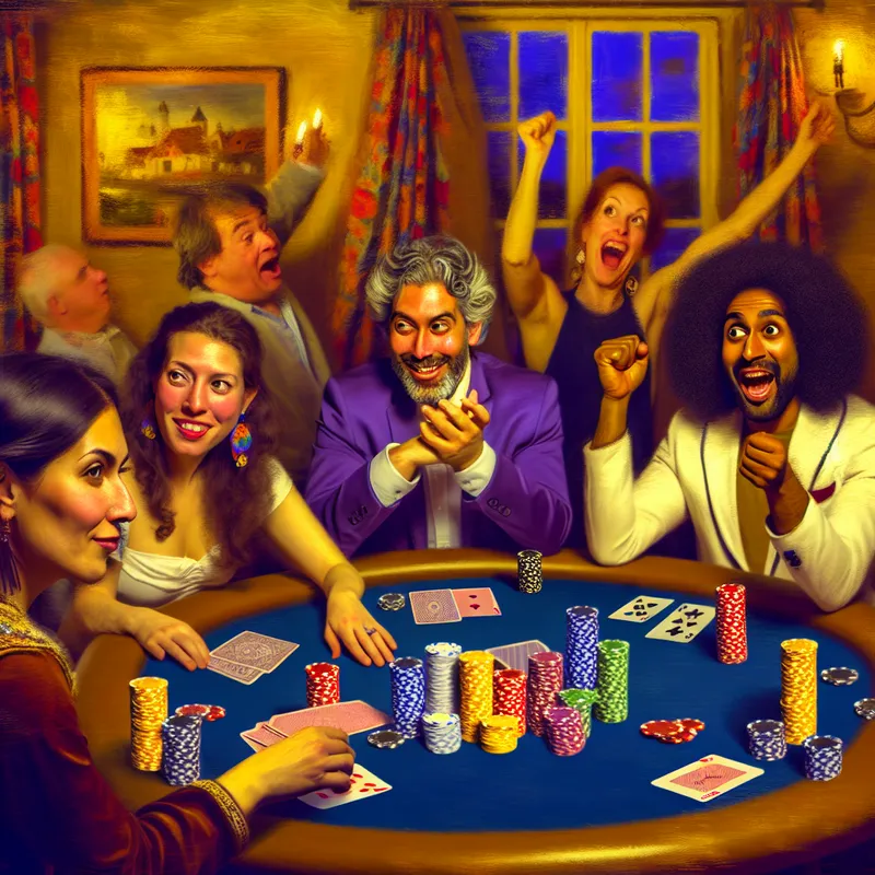 Een levendige poker scene met een diverse groep mensen rond een tafel vol kleurrijke pokerchips en geld, terwijl een speler triomfantelijk zijn hand opsteekt na een overwinning.