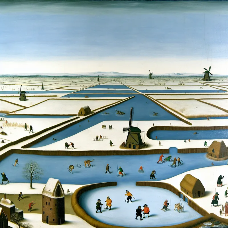 Winterlandschap met polder en schaatsen op bevroren kanalen