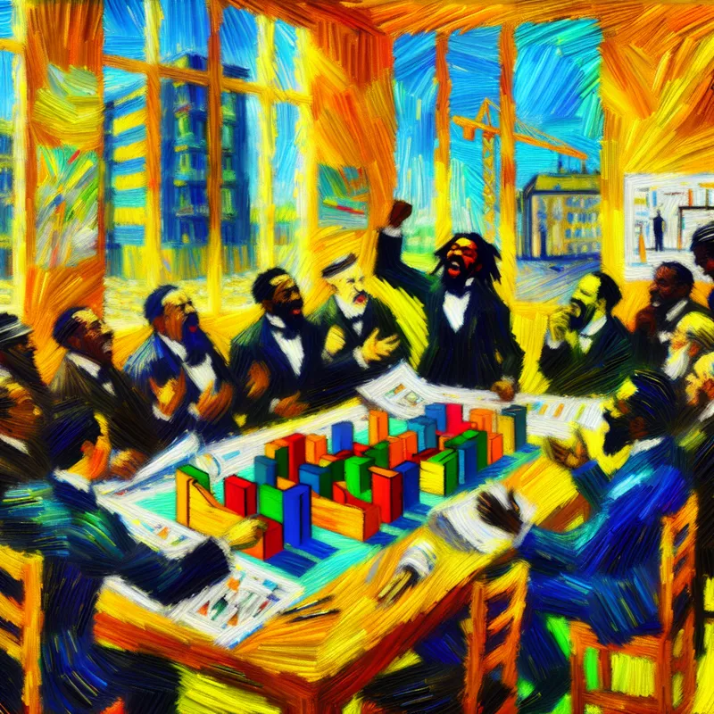 Een groep diverse politici rond een grote houten tafel in een zonnige kamer, die enthousiast een blauwdruk voor woningprojecten bespreken.