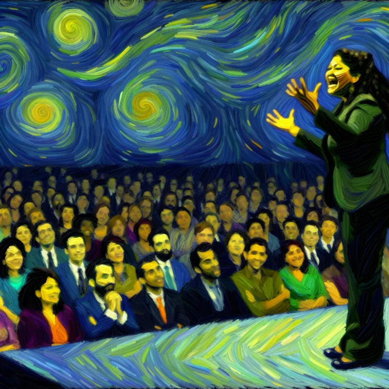 Charismatische politicus houdt gepassioneerde toespraak voor een betrokken publiek in Van Gogh-stijl, symboliserend vertrouwen en steun winnen