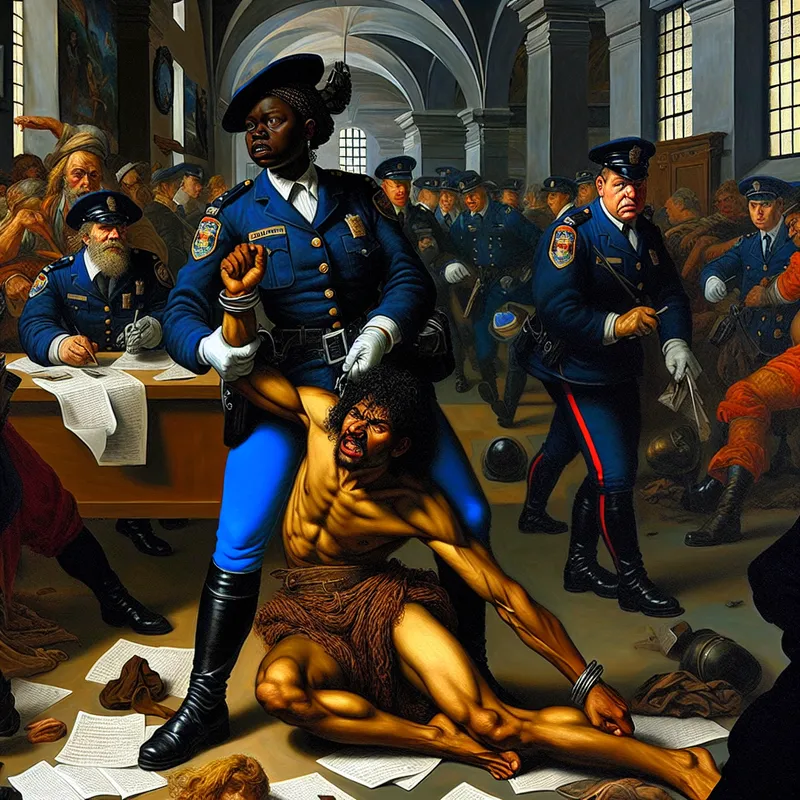 Barokke scène van een politieagent die een verdachte aanhoudt in een politiebureau, dynamische compositie met intense gezichten en dramatische belichting