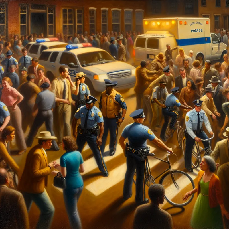 Druk stedelijke straat met politieagenten die verkeer regelen en met burgers communiceren.