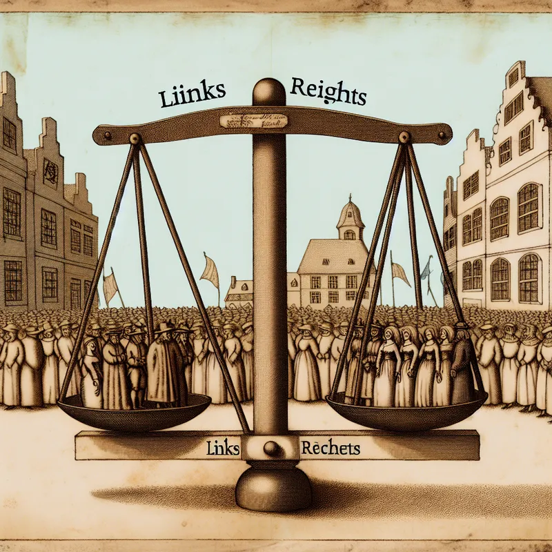 Gematigde figuren balanceren een politieke wipwap tussen links en rechts in een nostalgische stadsplein-scène, symbool voor het politieke midden