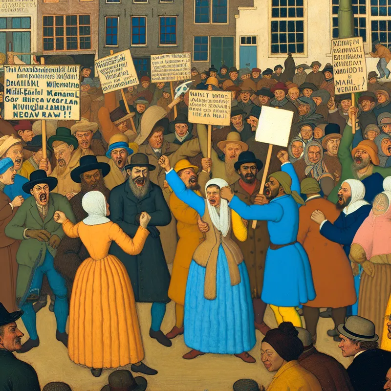 Illustratie van een chaotisch politiek debat met diverse groepen mensen die tegenstrijdige meningen vertegenwoordigen, in de stijl van Jan Steen.