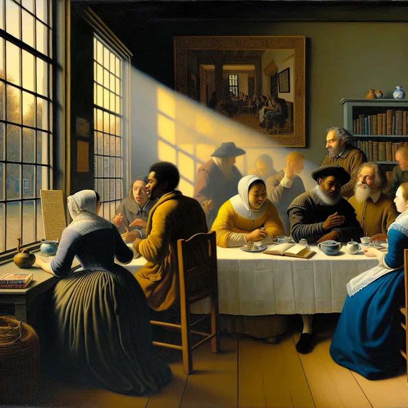 Een levendig debat over politieke ideeën met een diverse groep mensen aan een tafel, geïnspireerd door de stijl van Johannes Vermeer.