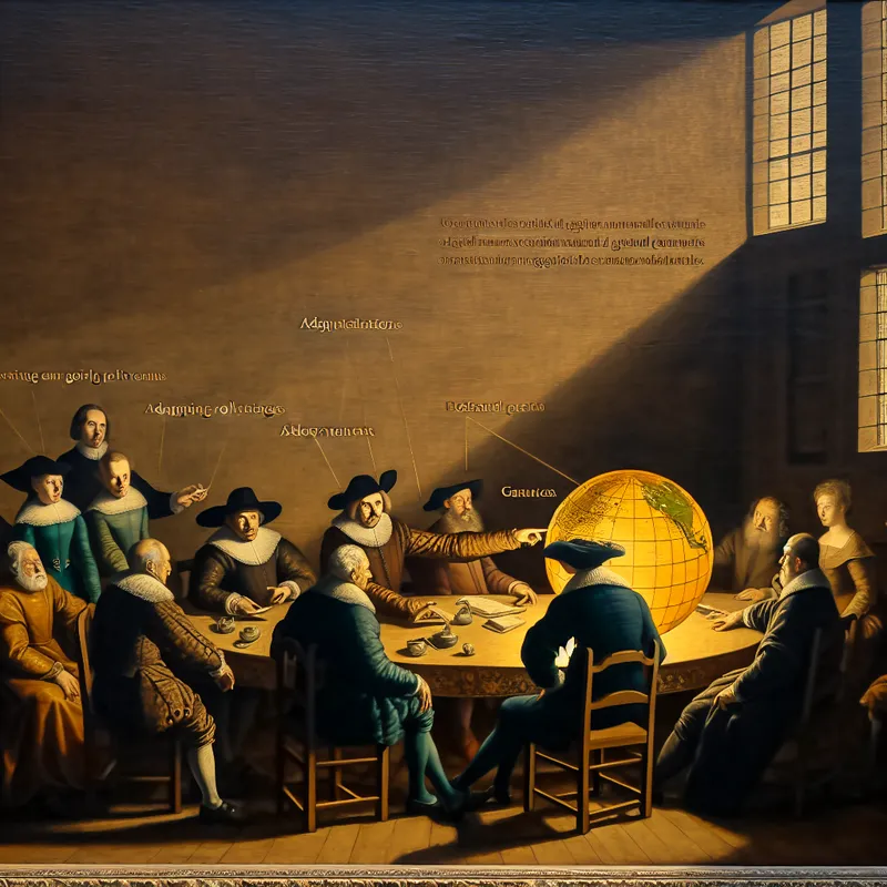 Groep diverse politieke leiders in gesprek over klimaatbeleid aan een houten tafel, met een wereldbol op tafel.